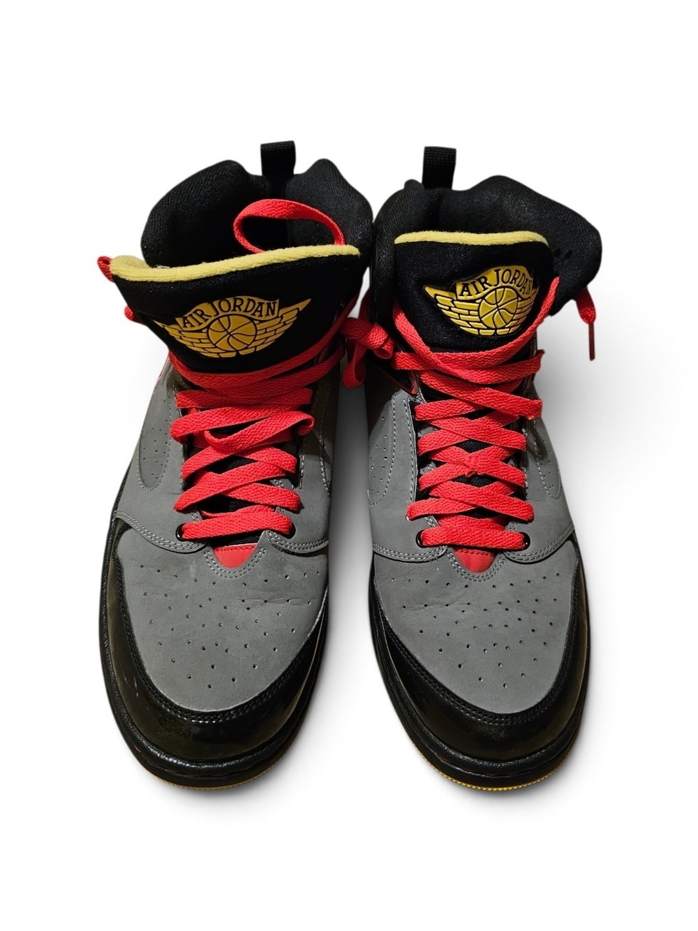 Jordan High-Top Sneakers in Gray, Black & Red with Yellow Logo